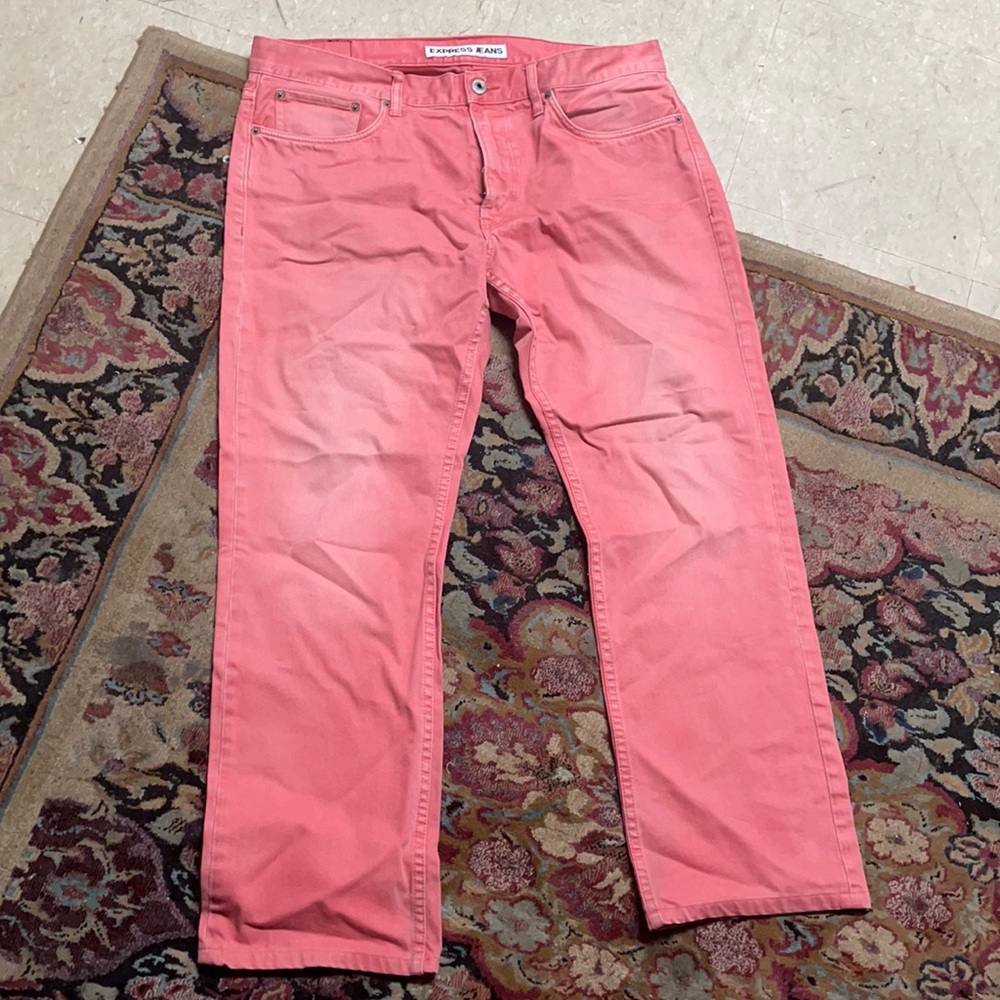 Express Rocco slim fit straight leg coral jeans
